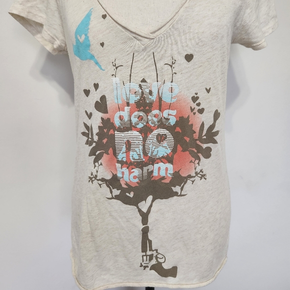 Old Navy Y2K "Love Does No Harm" Top Tree Graphic Tee Rolled Edge V- Neck Med. - Picture 2 of 10